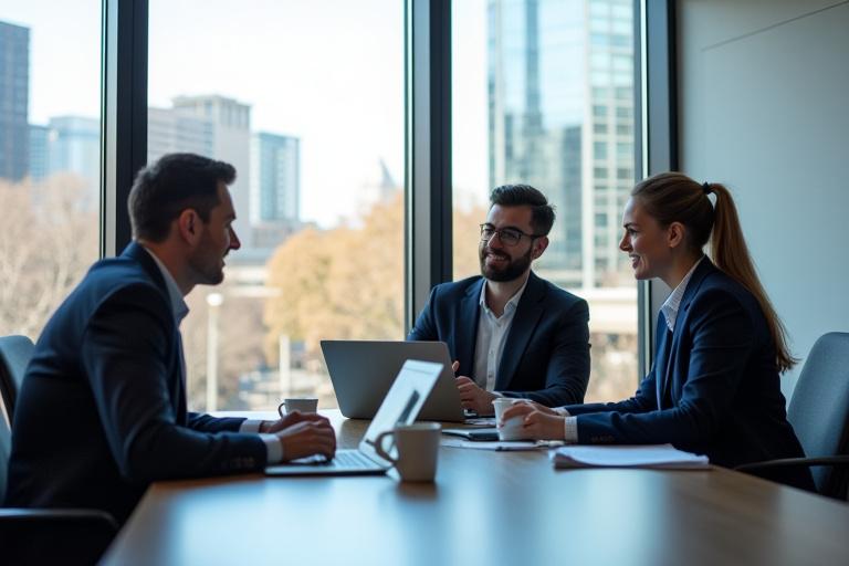 Oreus Talent consultants discussing strategy with a client in a modern office