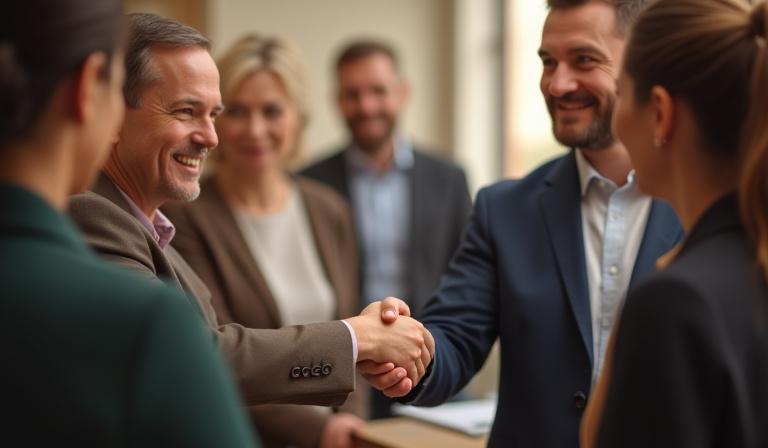 Diverse professionals shaking hands, symbolizing positive employee relations