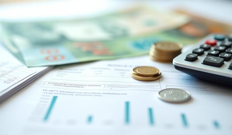 Calculator, currency, and documents for payroll processing